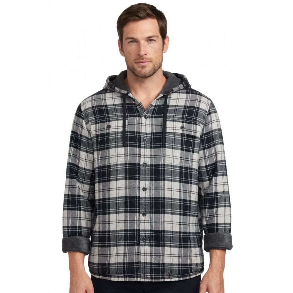 L.L.Bean Fleece Lined Plaid Hoodie Mens XL-Reg Flannel Shirt Jacket Gray Black